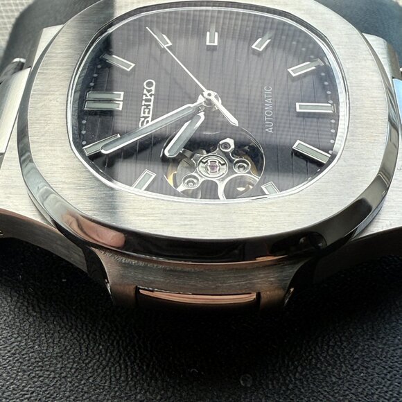 Seiko Mod Custom open heart black luxury leather strap dress watch - Picture 4 of 8